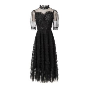 Summer Black Solid Color Panelled Dress Short Sleeve Stand Collar Knitted Midi Casual Dresses A4A291537