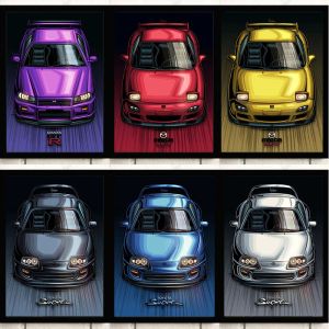 Retro Car Wall Art Black Toyota Super MK4 2JZ Nissan Skyline R34 Purple Mazda Rx7 JDM Żółty plakat i druk sypialni wystrój domu