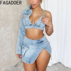 İş elbiseleri fagadoer mavi seksi denim sırtsız yarık iki parçalı set kadınlar vnn boyun bir omuz uzun kollu mahsul üst mini etekler kovboy kıyafetleri