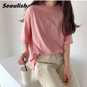 Kvinnors T-skjortor Seoulish Summer 2024 Solid Short Sleeve S Basic Multi Color Cotton O-Neck Casual Loose Tops Tee Ladies