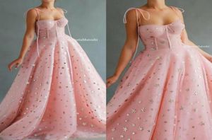 2020 Pink Prom Kleider Spaghetti Lace Bling Star Bodenlänge Billig Abendkleid Eine Linie maßgeschneiderte Kleider von besonderer Anlässe5906183