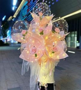 Griff -LED -Ballon mit Stöcken Luminöser transparenter Rose Bouquet Ballons Hochzeits Geburtstagsfeier Dekorationen LED Light Ballon Y0626517134