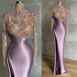 With Lavender Sleeves Mermaid Long Evening Dresses Beading High Neck Satin Side Slit Plus Size Illusion Top Prom Party Gowns Designer Vestidos