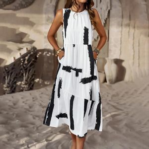 Casual Dresses 2024 Summer Women Dress Loose Sleeveless A-LINE Solid Midi For Print Long Vestidos De Mujer Clothes