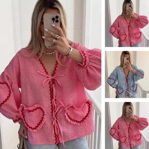 Women's Blouses Women Doll Top With Bow Tie Plaid Print V-neck Lantern Sleeve Shirt Front Loose Fit Streetwear Fashion