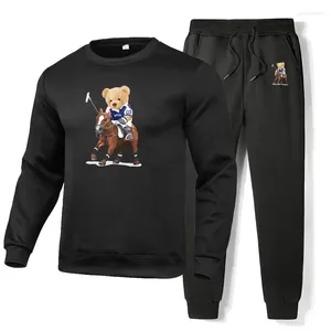 Men's Tracksuits Bear Printed Sweatshirt Mens 2 Piece Set Winter Tracksuit Warm Sweatshirts Sweatpants Streetwear Jogging