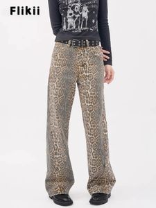 Y2K Vintage Leopard Print Loose Women Женские джинсы Осень классическая прямая высокая талия Слитная повседневная мода Женские джинсы 240430