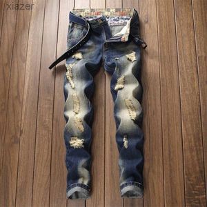 Herren Jeans Herren Hole Retro Slim Fit Jeans Frühling und Herbst Amerikanische High Street Trend Mode und Freizeit gerade Beinhosen WX