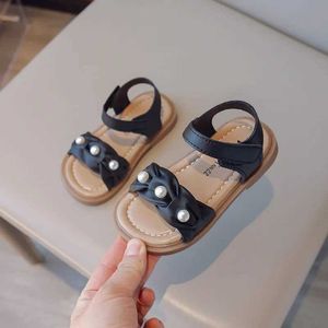 Sandals New Girls Princess Pearl Sandals Summer Fashion Solid Color Children Open-toe Sandals Chic Kids Causal Beach Fold Flat Sandals
