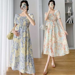 2024 Colorful Pregnancy Print Long Skirt Pregnant Women's Short Sleeve Sleeping Dress Summer