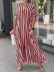 Sukienki imprezowe Summer V-deck z krótkim rękawem Slit Maxi Sukienka Kobieta moda luźna elegancka druk w paski swobodna kobieta 2024