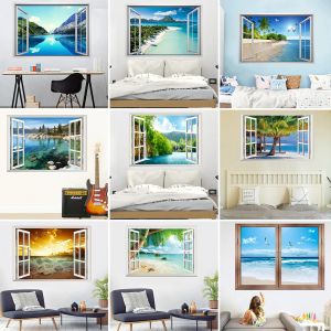 Stickers Beach seagull balloon 3D false window landscape wall sticker bedroom living room decorative painting