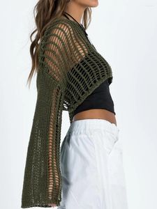 Women's T Shirts Women Crochet Cover Up Y2k Long Sleeve Round Neck Hollow Out Knit Fishnet Crop Top Beach Bikini