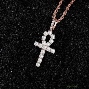 Iced Rose Gold Ankh Egyptian Pendant Hiphop Zirconia Nail Cross Necklace for Men Women jewelry with 24inch Rope chain