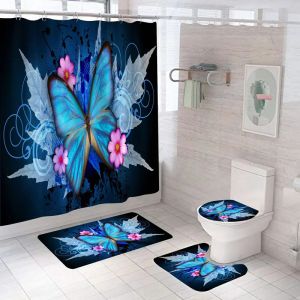 Curtains 3D Print Bath Curtain Butterfly Mat Set Flowers Toilet Rugs Carpet Waterproof Antislip Floral Shower Curtains with Hooks