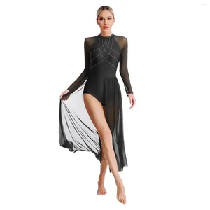 Scene Wear Women Lyrical Dance Dress Glittery Rhinestones Leotard Patchwork Flowy Split kjolar Sheer Mesh långärmad bodysuit maxi klänningar