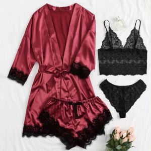 BRAS Kvinna Sleepwear 4st Floral Lace Trim Satin Pyjamas Set With Robe Sexig faux Silk Pijamas Robe Ställ in Casual Home Clothes Nightwear