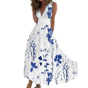 Elegant Botanical Flower Print Dresses Womens Deep V Neck High Waist Sleeveless Large Hem Dressy Female Sweet Style Casual Gown 240426