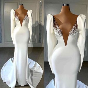 Einfache Brautkleider Deep V Neck Perlen Meerjungfrau Brautkleider Langarm Sweep -Zug Custom Made Braut Kleid Vestidos de Novia