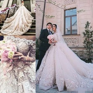 Dresses Crystal Wedding 3D Embroidery Floral Applique Beaded Elegant Off The Shoulder Long Sleeves Cathedral Train Vestido De Novia