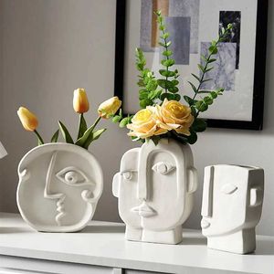 Vases Nordic Abstract Human Face Vase Porcelain Flower Vase Home Decor Living Room Flowerpots Head Sculpture Decoration Ornaments T240505