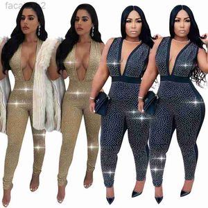 Women's Two Piece Pants Sexy Nightclub Women's Hot Drilling Autumn Winter Deep V-Neck Sexy Jumpsuit Straight size plus sexy Sets