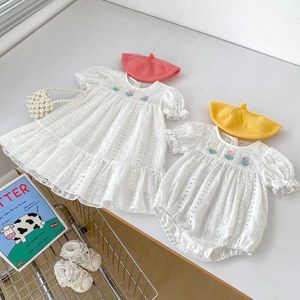 Girl's Dresses 2024 Summer New Kids Baby Dress 1-5Y Sweet Tulip Embroidery Puff Sleeve Dresses For Girls Childrens Clothing