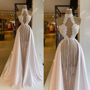 Fashion Evening Dresses High Neck See Through Appliques Prom Gowns Illusion Sleeveless Party Dress Custom Made Vestidos de noche