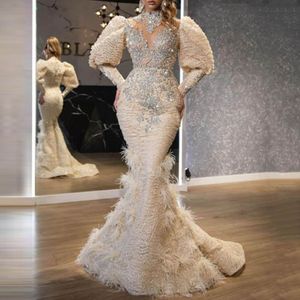 2022 Mermaid Evening Gowns Women Party Dress Full Lace Beading Feather Prom Dresses Long Sleeves High Neck Robe De 295C