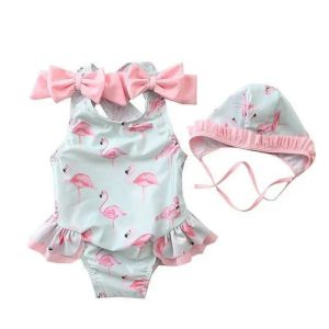 Swimwear 16Y Baby Girls Swimwear Kids Bikini Sets Flamingo Ruffle Kids Swimsuit with Hat 2Pcs Beachwear Children Bathing Suits