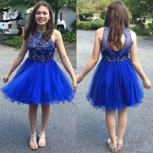 Short Hollow Homecoming Dresses Royal Blue 2021 Back Tulle Beaded Crystals Custom Made Above Knee Mini Tail Party Gown