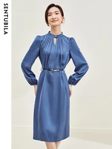 Casual Dresses Sentubila Cut Out Stand Collar Elegant Dress for Women 2024 Autumn Blue Long Sleeve Midi med läderbältet Womans Clothing