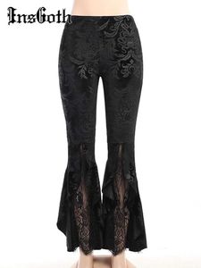 Women's Pants Capris InsGoth Gothic Black Summer Flare Pants Womer Lolita Strtwear S Through Sexy High Waist Pants Aesthetic Punk Grunge Trousers Y240504