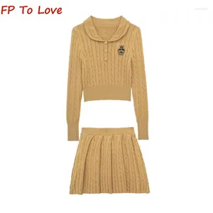 Work Dresses College Style Knitted Twist Women Autumn And Winter Cardigan Doll Collar Top High Waisted Pleated Mini Skirt Two Piece Set