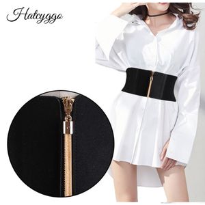 Hatcygogo Kobiety Elastyczne Cinch Belt szeroki pasek pasa Złote Tassel zamek błyskawiczny gorset Cummerbund Dresnment For Women Pass 210407 290p