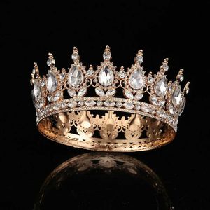 Pannband Hela runda lyxiga kristall barock brudhuvudstycke King Crown unisex runda diamantboll bröllop hår tillbehör flicka pannband q240506