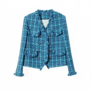 Vintage Blue Tweed Jacket Designer Women Clothing Autumn Winter Coat Blazer Office Lady Korean Chic Fringe Buttons Luxury Coats 240506