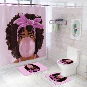 Curtains Pink African Girl with A Headband Printed Fabric Shower Curtain Bathroom Curtains NonSlip Rugs Carpet Toilet Flannel Bath Mat