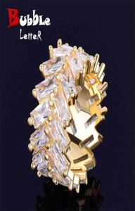 2 linhas baguete zircon Men039s anel Charms de cobre de cor dourado anel gelado moda moda de hip hop jóias 2107013280055