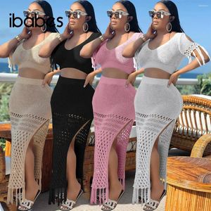 Work Dresses Crochet Knitted Women Beach 2 Piece Set Solid Hollow Out Tassel Crop Top High Slit Bodycon Skirts Matching Sexy Cover Ups