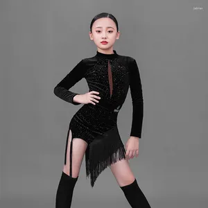 Sahne Wear 2024 Sonbahar Kış Kızları Latin Dans Performans Kostüm Takım Siyah Leotard Etek Paso Doble Dans Yarışması 2452
