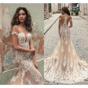 Cina Wedding Sexy Dresses Sexy Lace Berta Mermaid Applique Off spalla Spazzano illusione Illuzioni da sposa su misura