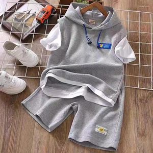 Giyim Setleri 2024 Yaz Aktif Çocuk Giysileri Boy Patchwork Şortlu Kol T-Shirt 2pcs Hoodies Üst Pantolon Çocuk Takibi 4-13y