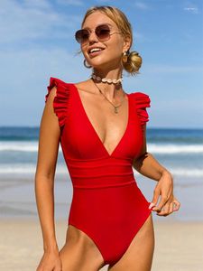 Women's Swimwear Peachtan Solid 2024 V Neck Bikini Red One Piece Swimsuit Women Swimming Suit Ruffle Backless Bathing