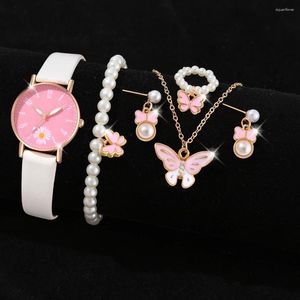 Armbandsur 6st/set för kvinnor daisy armbandsur läder rem kvarts titta på rosa urtavla fjäril pärlsmycken set present henne