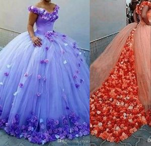Underbara billiga orange lila quinceanera klänningar bollklänning från axel 3d blommor söta 16 sveptåg plus size party prom evenin6635811