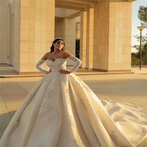 Gown Wedding Long Chic Sleeves Dresses Ball Appliqued Crystal Beads Bridal Gowns Dubai Sweetheart Custom Made Vestidos De Novia S