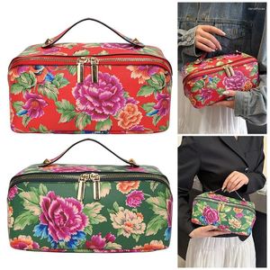 Cosmetic Bags Chinese Style Northeast Big Flower Vintage Makeup Bag PU Leather With Handle Travel Pouch For Women
