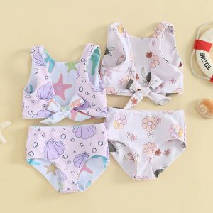 Badebekleidung 04y Baby Girls Bikini Sets 2024 Sommerschale/Blumendruck Knottankini und Shorts Set Kinder Badeanzüge Kleinkind Badeanzüge