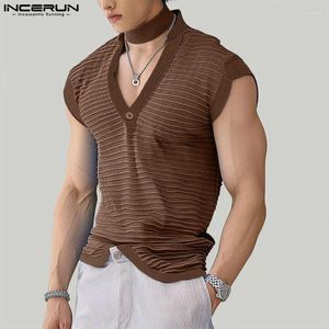 Men's Tank Tops Shiny Striped V Neck Sleeveless Summer Casual Vests Streetwear 2024 Fashion Leisure Men Clothing S-5XL INCERUN